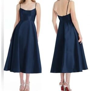 Alfred Sung Spaghetti-Strap Satin Midi Dress Sz10 Midnight Navy Blue Tea Length